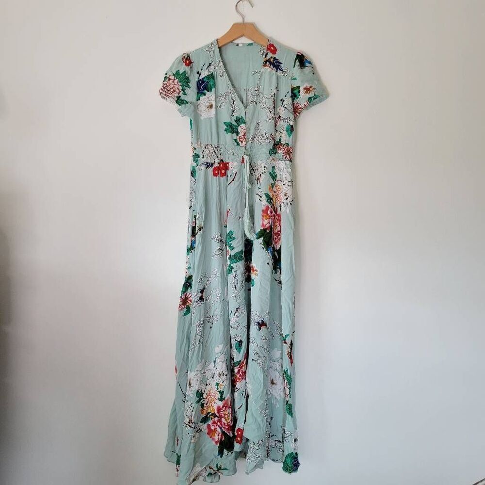 Button Down Floral Dress Blue Maxi Short Sleeve Waist Tie Small